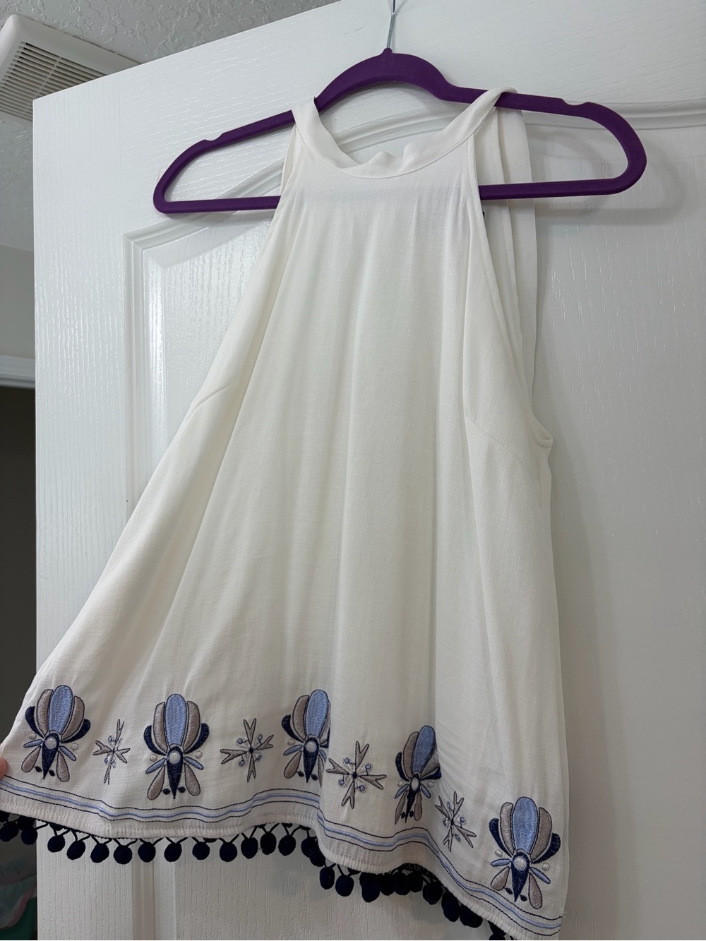 Blue Rain Cream Halter Tank with Blue Embroidery